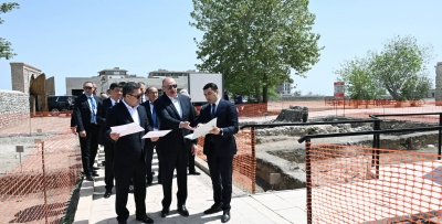 Presidents of Azerbaijan and Kyrgyzstan view ongoing works at Palace of Panahali Khan and Imarat complex in Aghdam